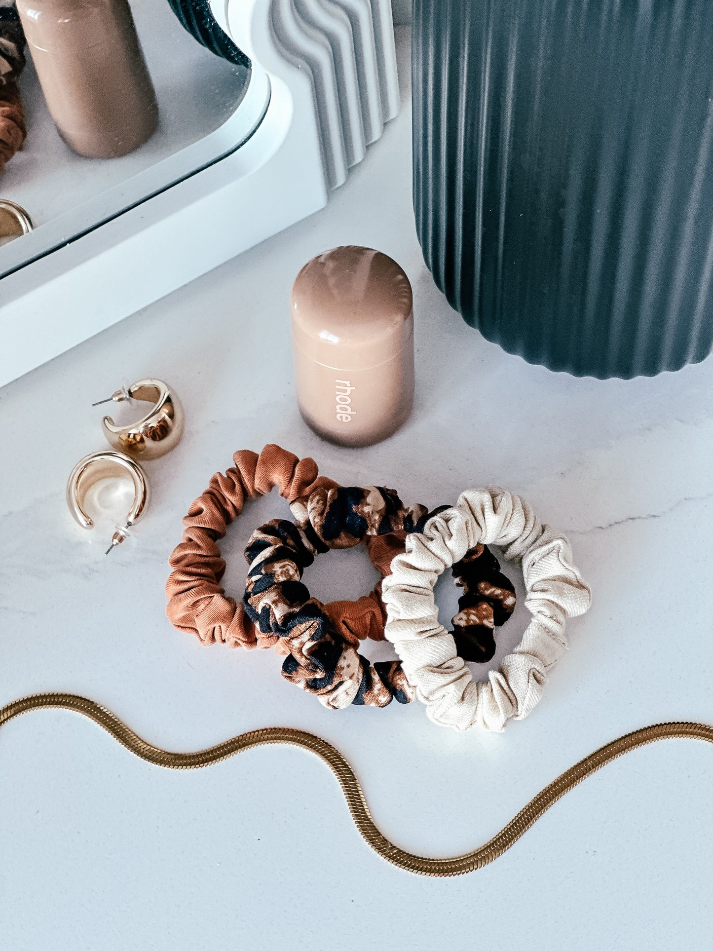 3 matching scrunchies in reddish brown, leopard print and beige material