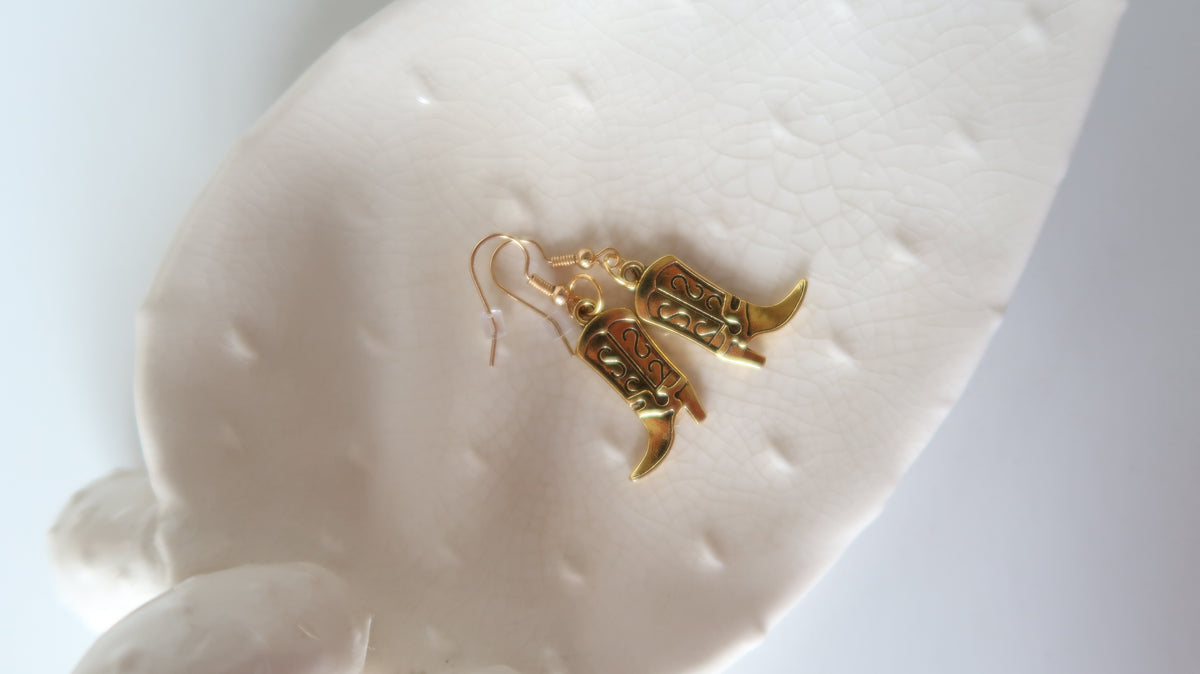 Handmade Gold Cowboy Boot Earrings – Western Dangle & Drop Jewelry for Cowgirl Style