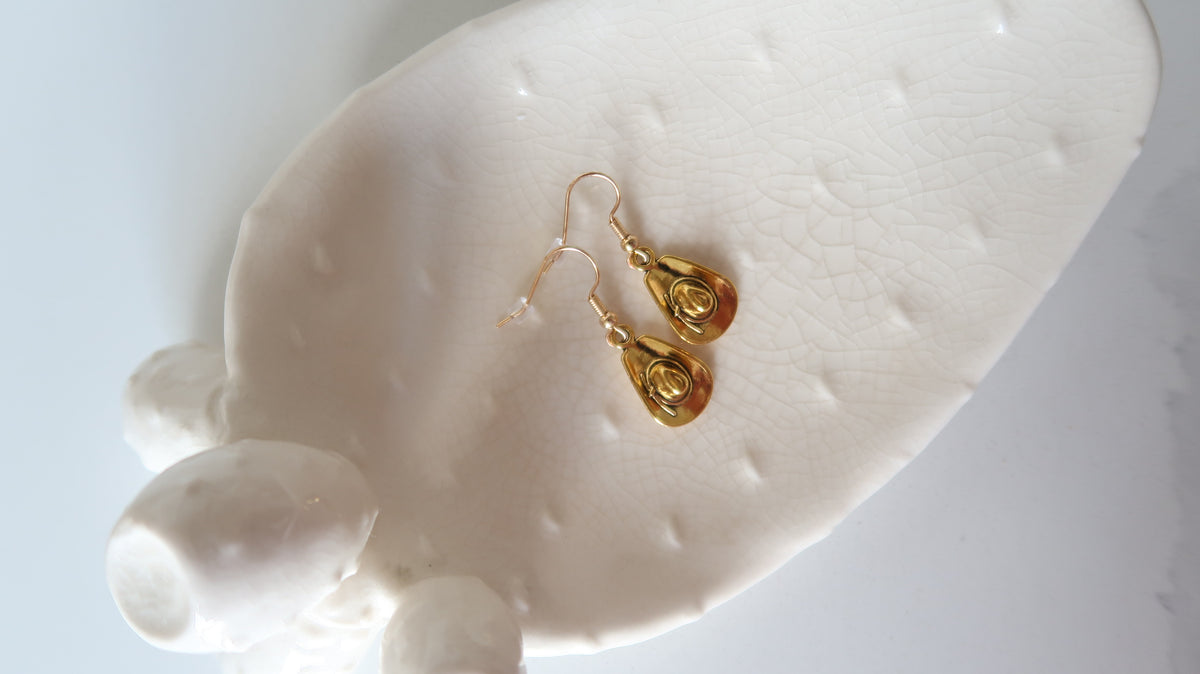 Gold Cowboy Hat Earrings – Handmade Western Dangle & Drop Jewelry Gift