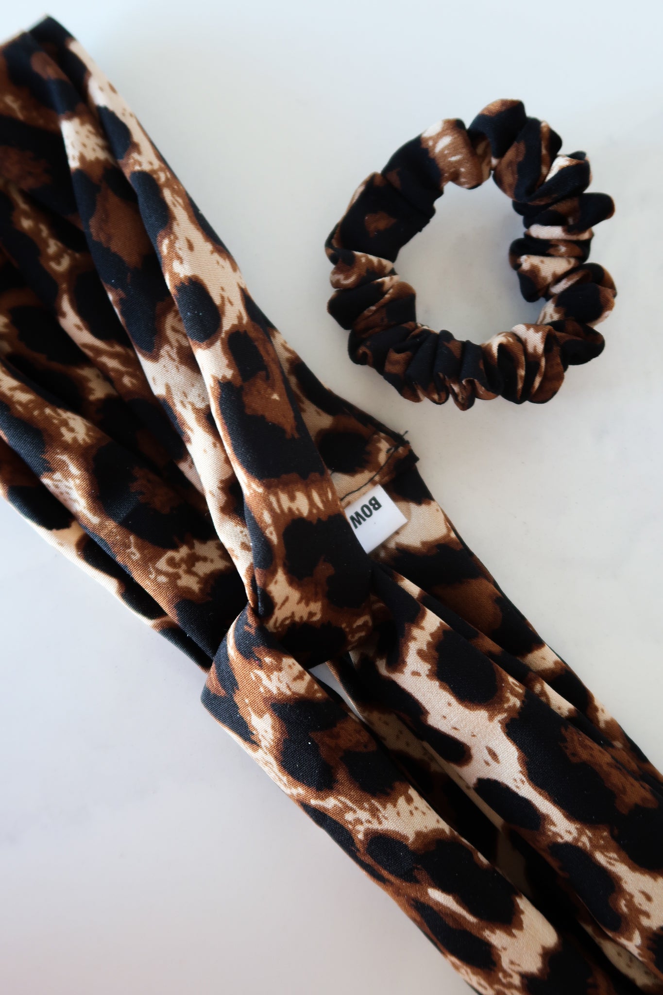 Leopard print knot headband with matching scrunchie