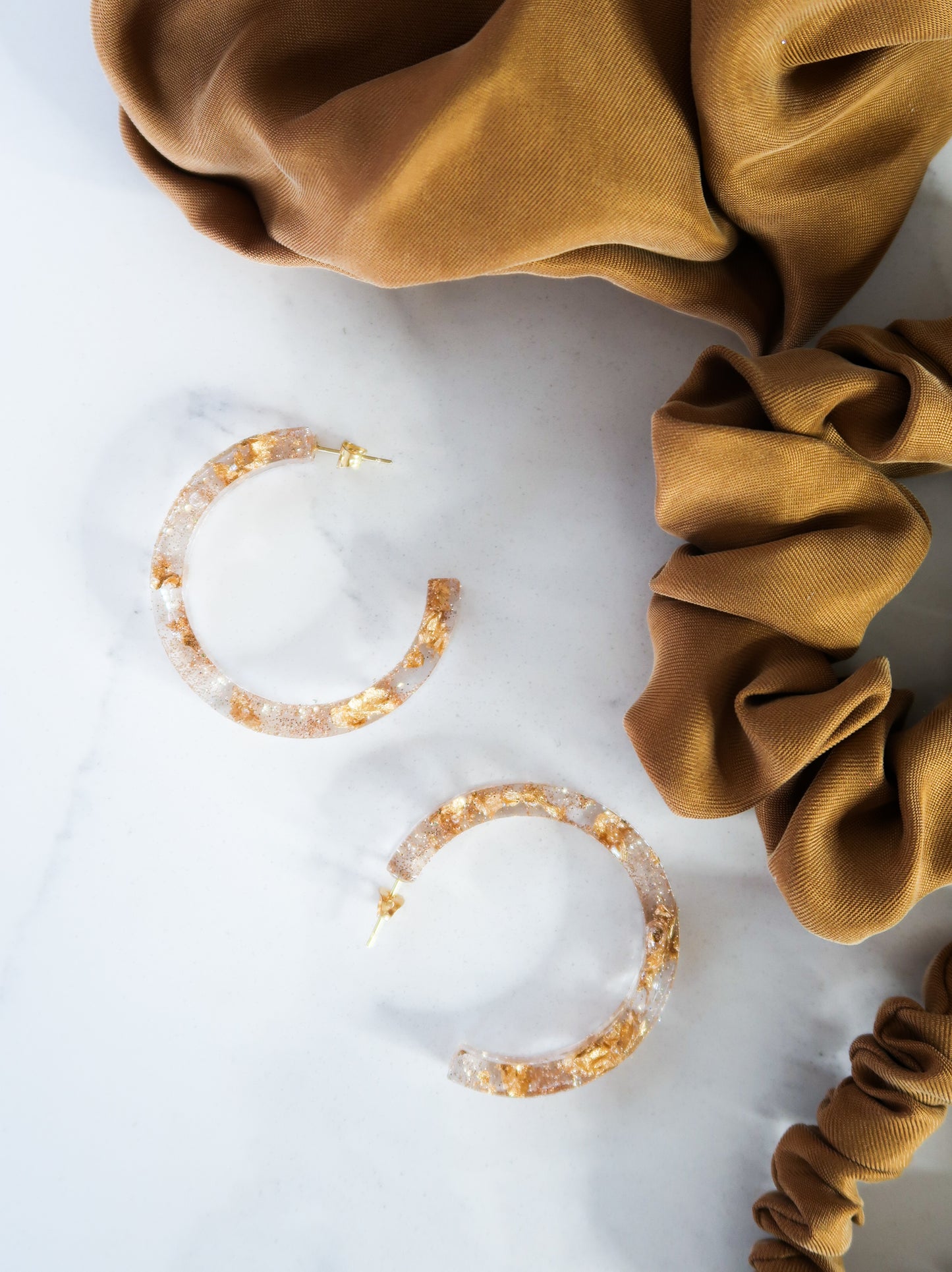 Big Sparkly Clear & Gold Leaf Hoops