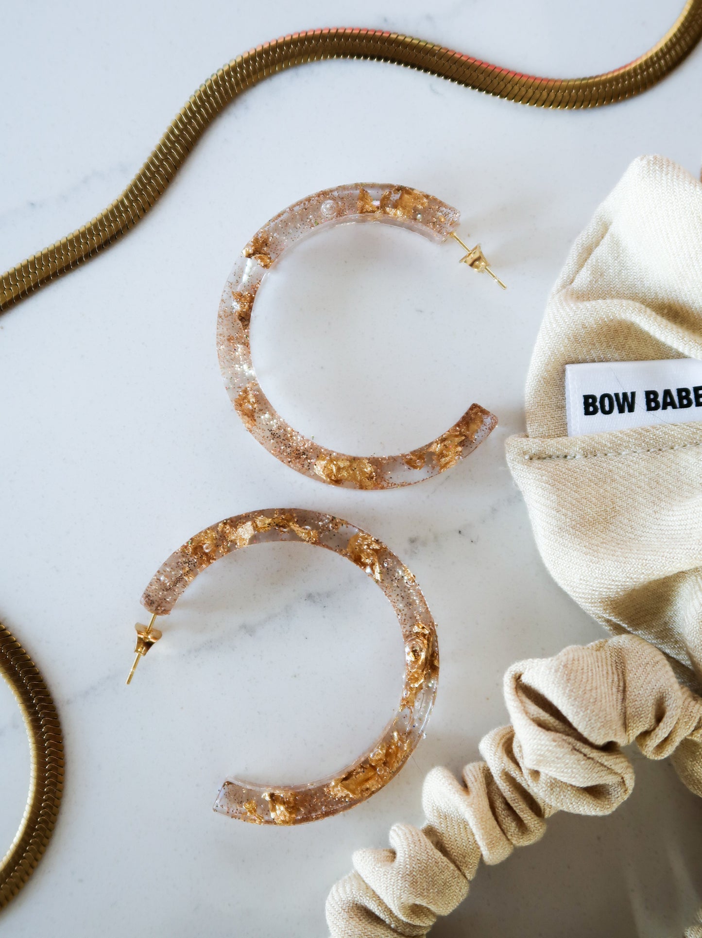 Big Sparkly Clear & Gold Leaf Hoops