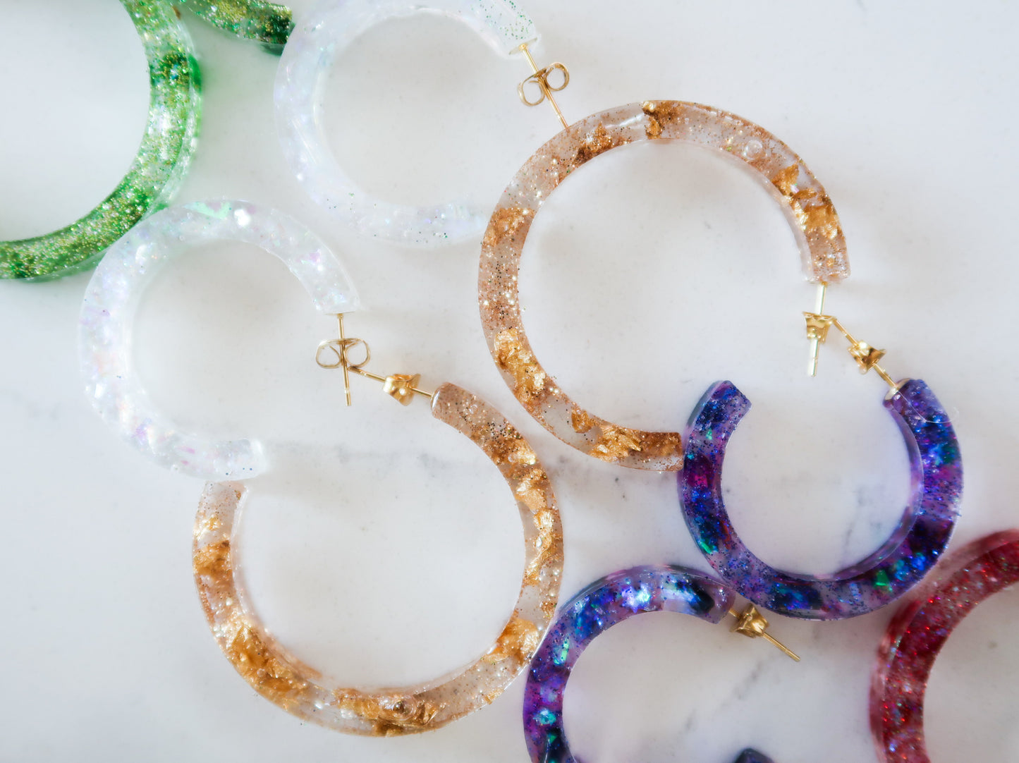 Big Sparkly Clear & Gold Leaf Hoops