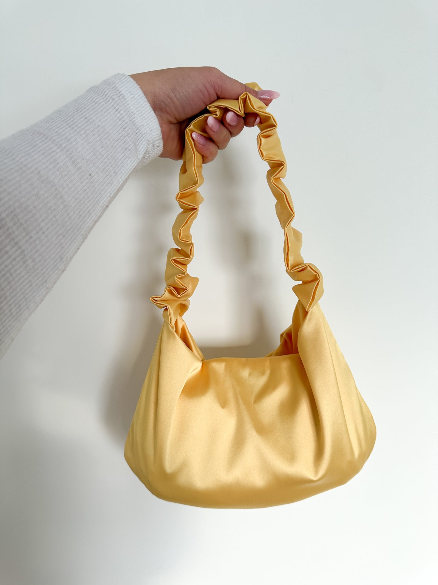Yellow purse/shoulder bag for spring with scrunchie strap