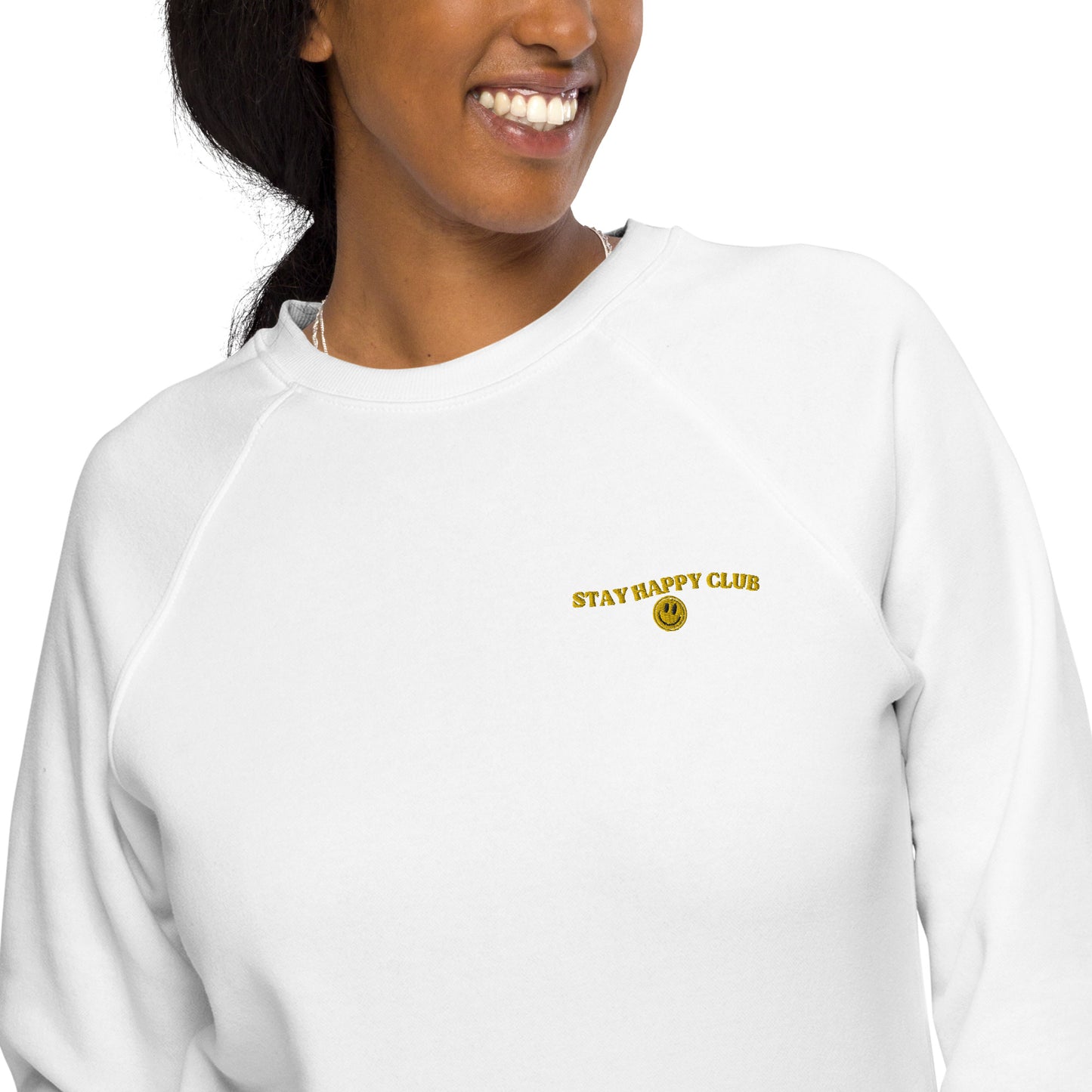 Stay Happy Club Unisex Organic Raglan Sweatshirt