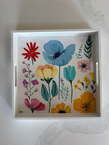 Hand Painted Wooden Floral Serving Tray, Original Botanical Flower Art Catchall