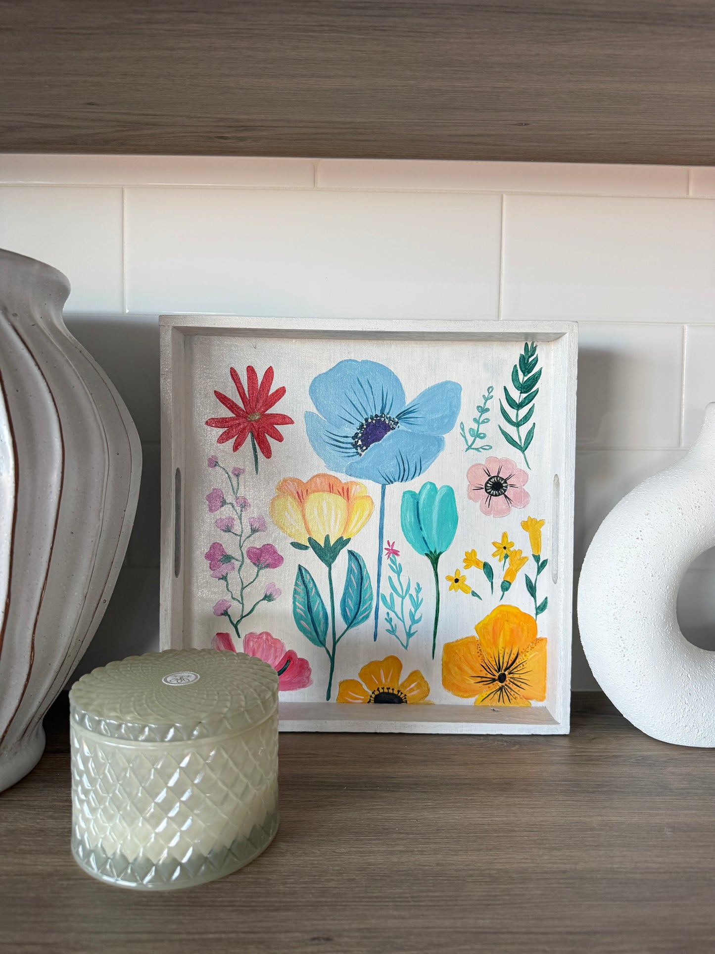 Hand Painted Wooden Floral Serving Tray, Original Botanical Flower Art Catchall