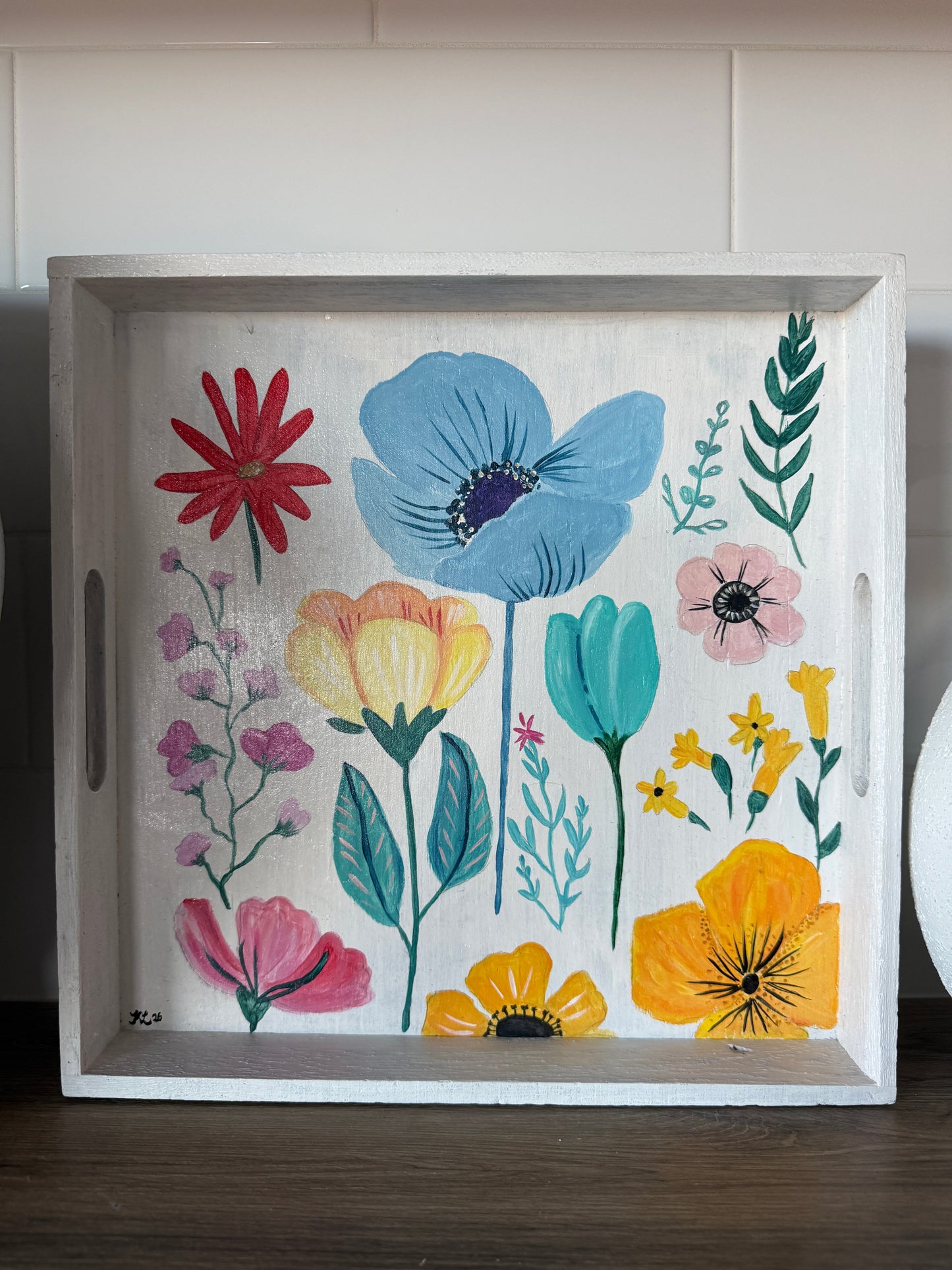 Hand Painted Wooden Floral Serving Tray, Original Botanical Flower Art Catchall