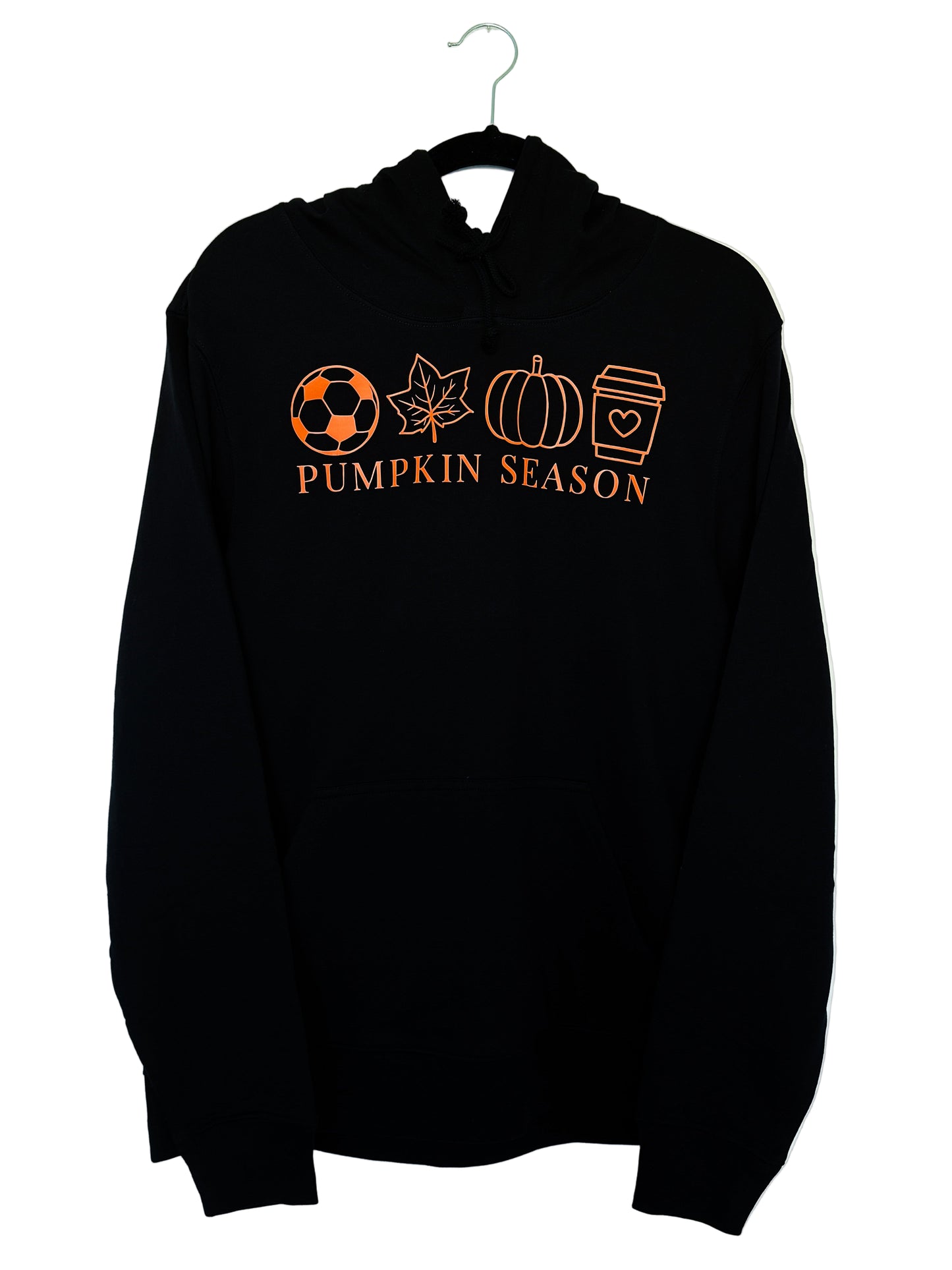 Black hoodie with 'Pumpkin Season' text and symbols on a white background