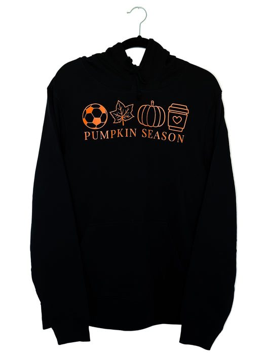 Black hoodie with 'Pumpkin Season' text and symbols on a white background