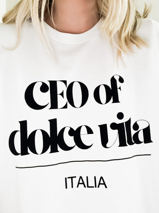 White t-shirt with 'CEO of dolce vita Italia' text on a white background