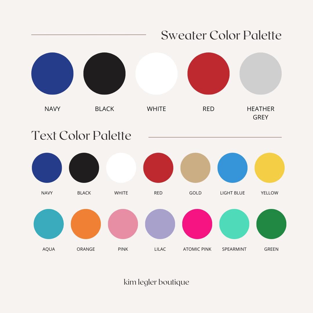 Color palette chart for sweaters and text with brand 'kim legler boutique'.