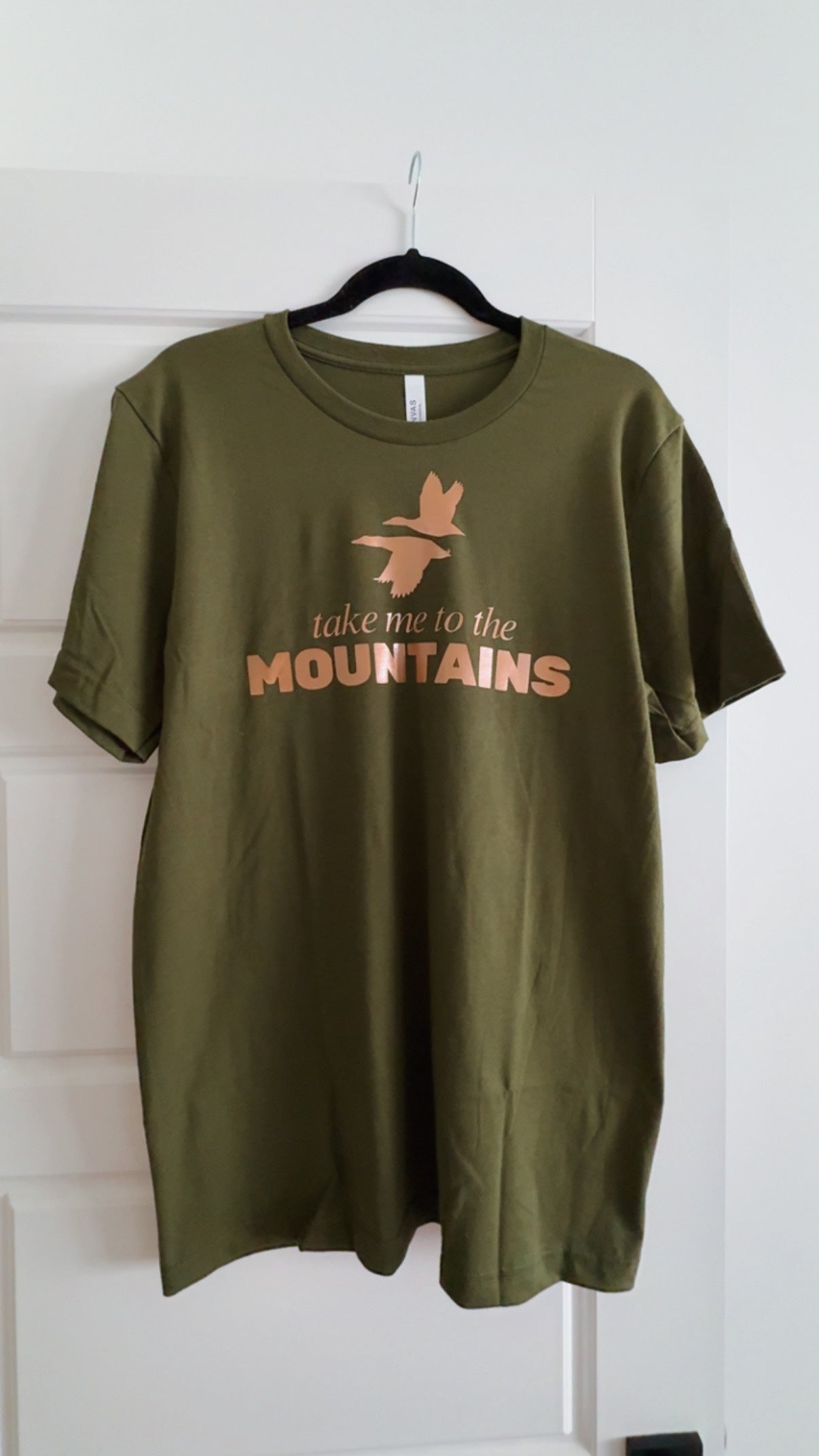 Green t-shirt with 'Welcome to the Mountains' text on a hanger against a white background
