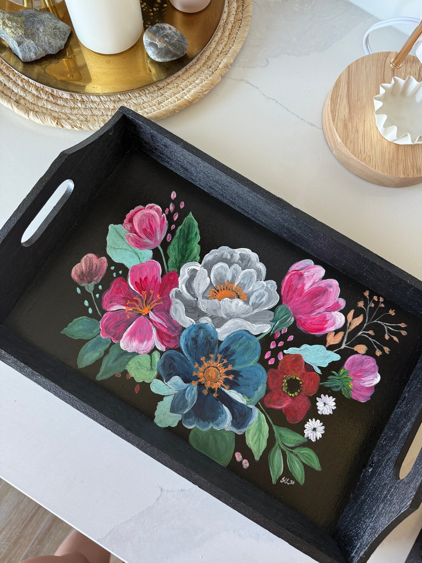 Black Rectangular Tray with Colourful Handpainted Flowers