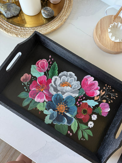 Black Rectangular Tray with Colourful Handpainted Flowers
