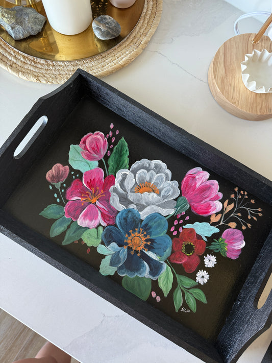 Black Rectangular Tray with Colourful Handpainted Flowers