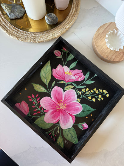 Original Hand-Painted Floral Art Tray – “Blush Garden” | One-of-a-Kind Pink Floral Serving Tray