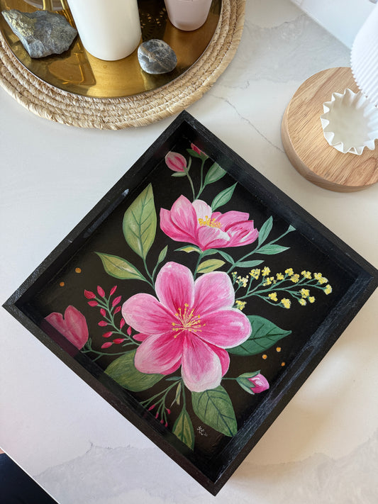 Original Hand-Painted Floral Art Tray – “Blush Garden” | One-of-a-Kind Pink Floral Serving Tray