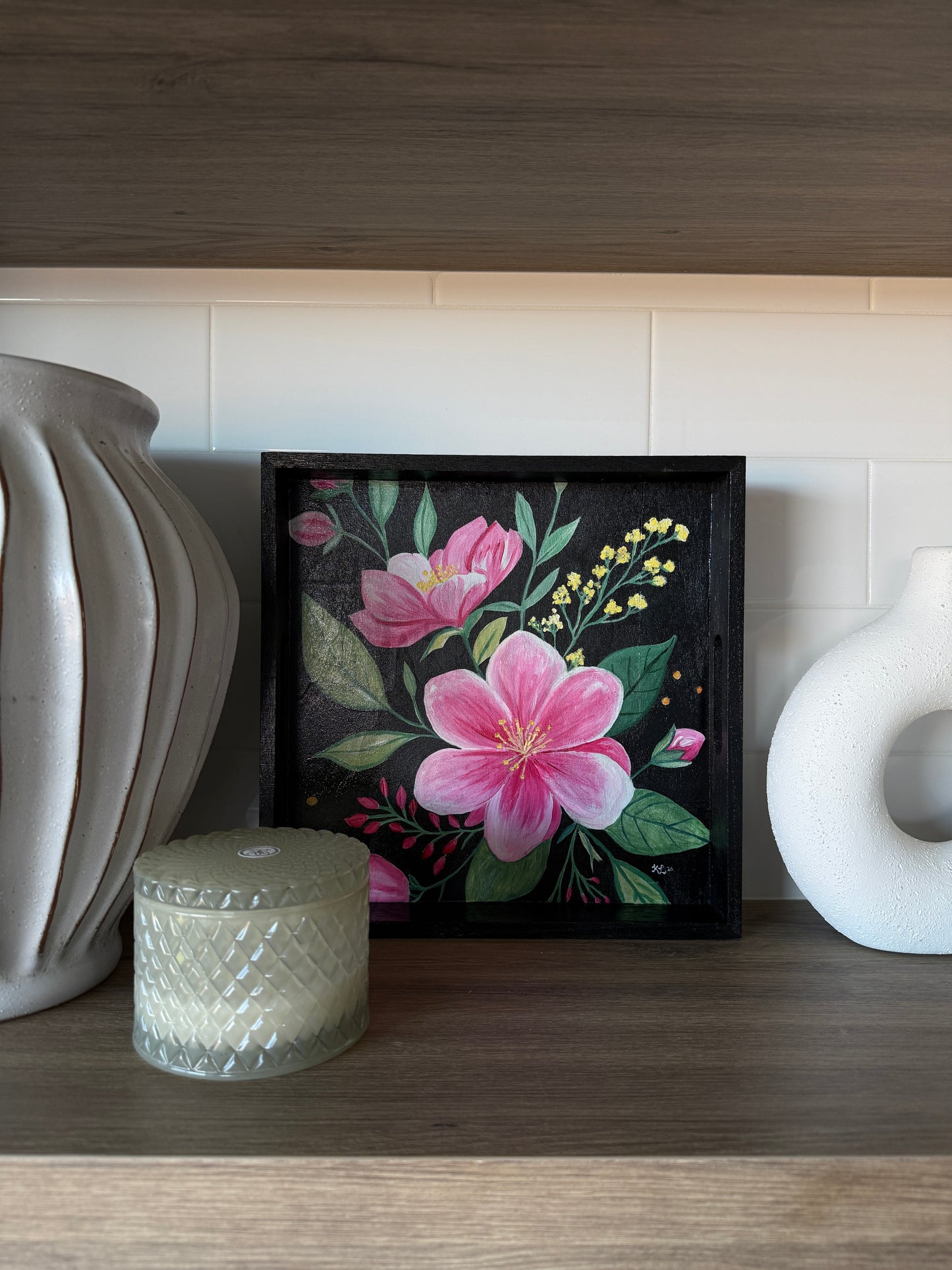Original Hand-Painted Floral Art Tray – “Blush Garden” | One-of-a-Kind Pink Floral Serving Tray