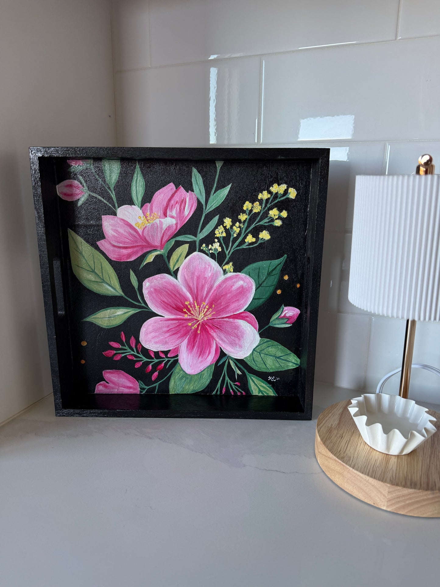 Original Hand-Painted Floral Art Tray – “Blush Garden” | One-of-a-Kind Pink Floral Serving Tray