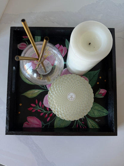 Original Hand-Painted Floral Art Tray – “Blush Garden” | One-of-a-Kind Pink Floral Serving Tray