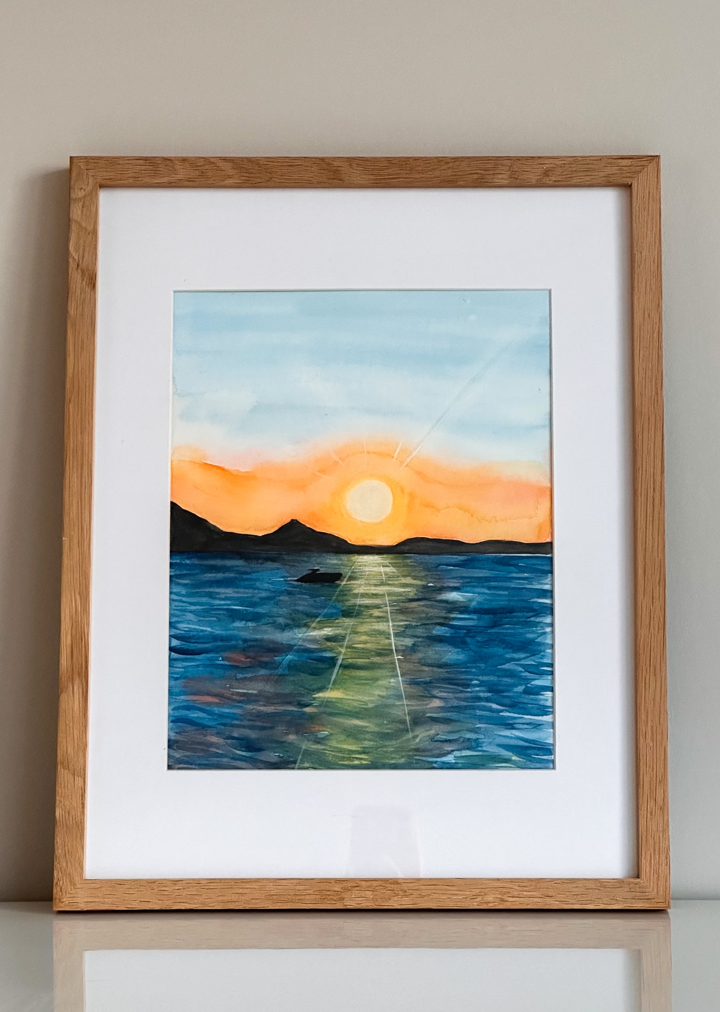 ArtsIndia Serene Sunset at the Beach A Captivating Watercolor Painting  (Material: Matte, Size: 24 x 24, Style: Framed)