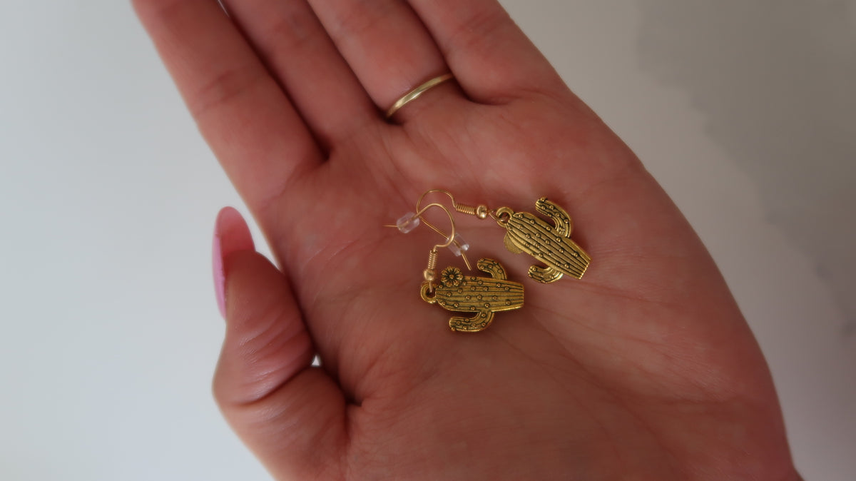 Handmade Gold & Black Cactus Drop Earrings – Western Style Dangle Jewelry Gift