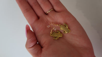 Handmade Gold & Black Cactus Drop Earrings – Western Style Dangle Jewelry Gift
