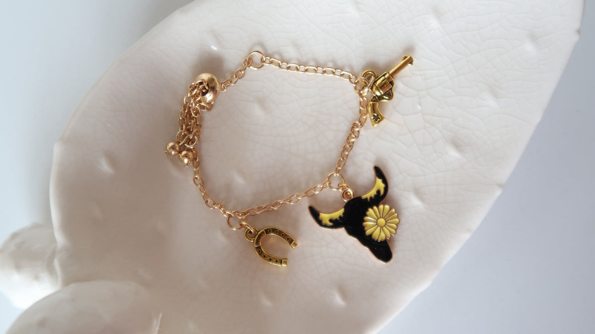 Gold Western Style Charm Bracelet with Bull, Gun & Lucky Horseshoe Charms Gift Ideas for Her - Bachelorette Swag