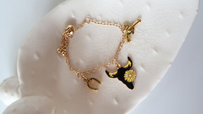 Gold Western Style Charm Bracelet with Bull, Gun & Lucky Horseshoe Charms Gift Ideas for Her - Bachelorette Swag