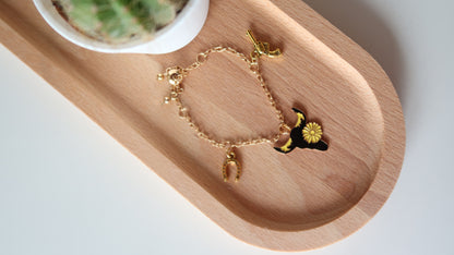 Gold Western Style Charm Bracelet with Bull, Gun & Lucky Horseshoe Charms Gift Ideas for Her - Bachelorette Swag