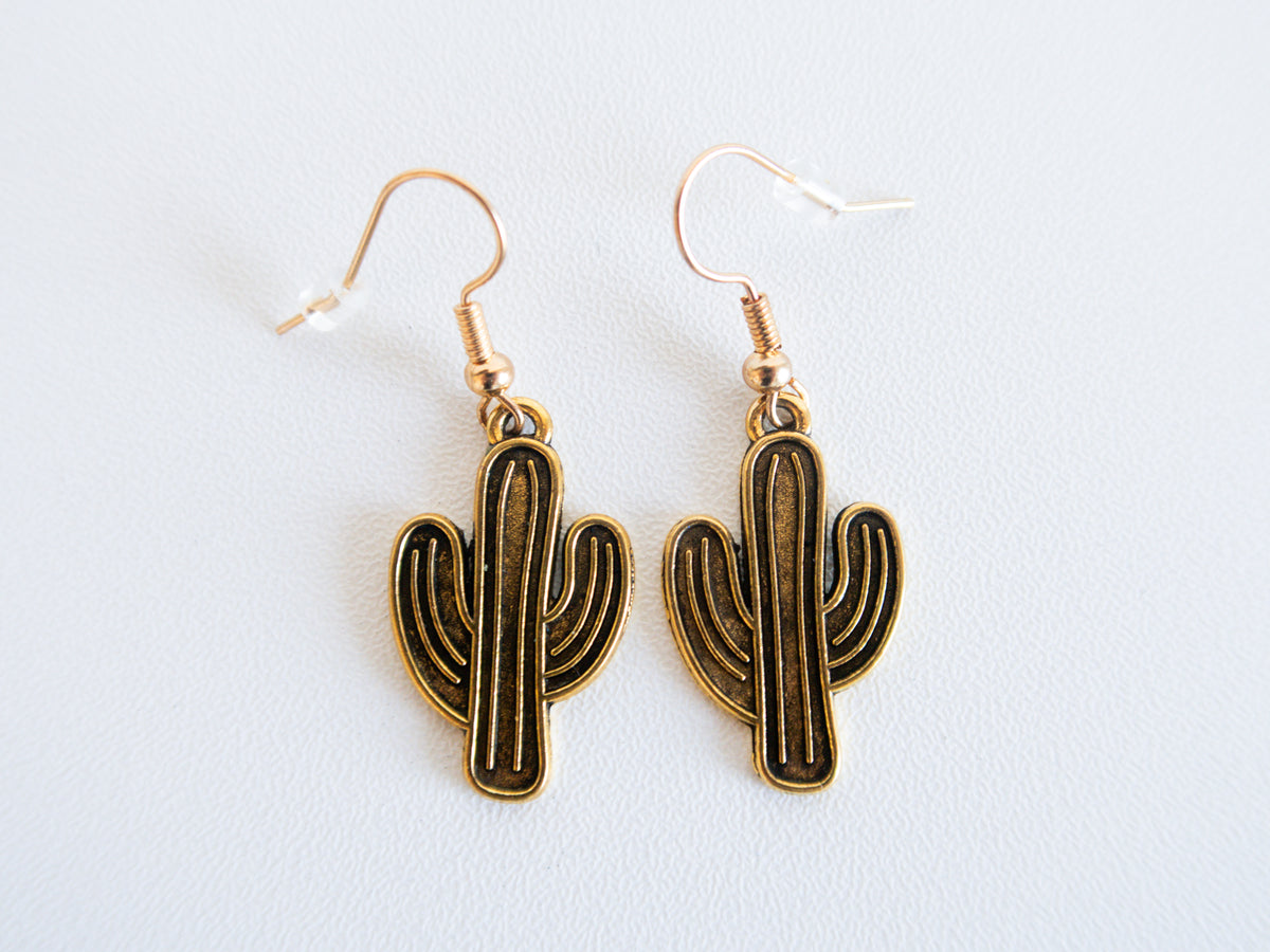 Handmade Gold & Black Cactus Drop Earrings – Western Style Dangle Jewelry Gift
