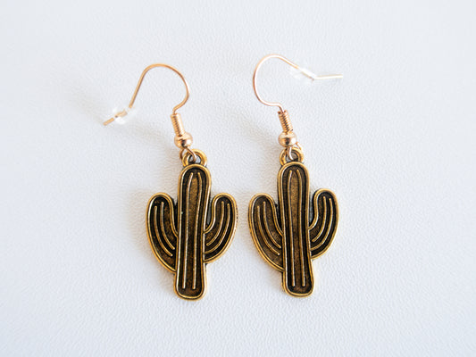Handmade Gold & Black Cactus Drop Earrings – Western Style Dangle Jewelry Gift