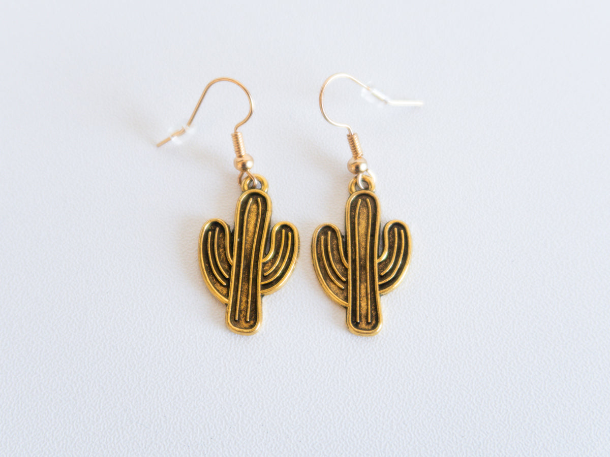 Handmade Gold & Black Cactus Drop Earrings – Western Style Dangle Jewelry Gift