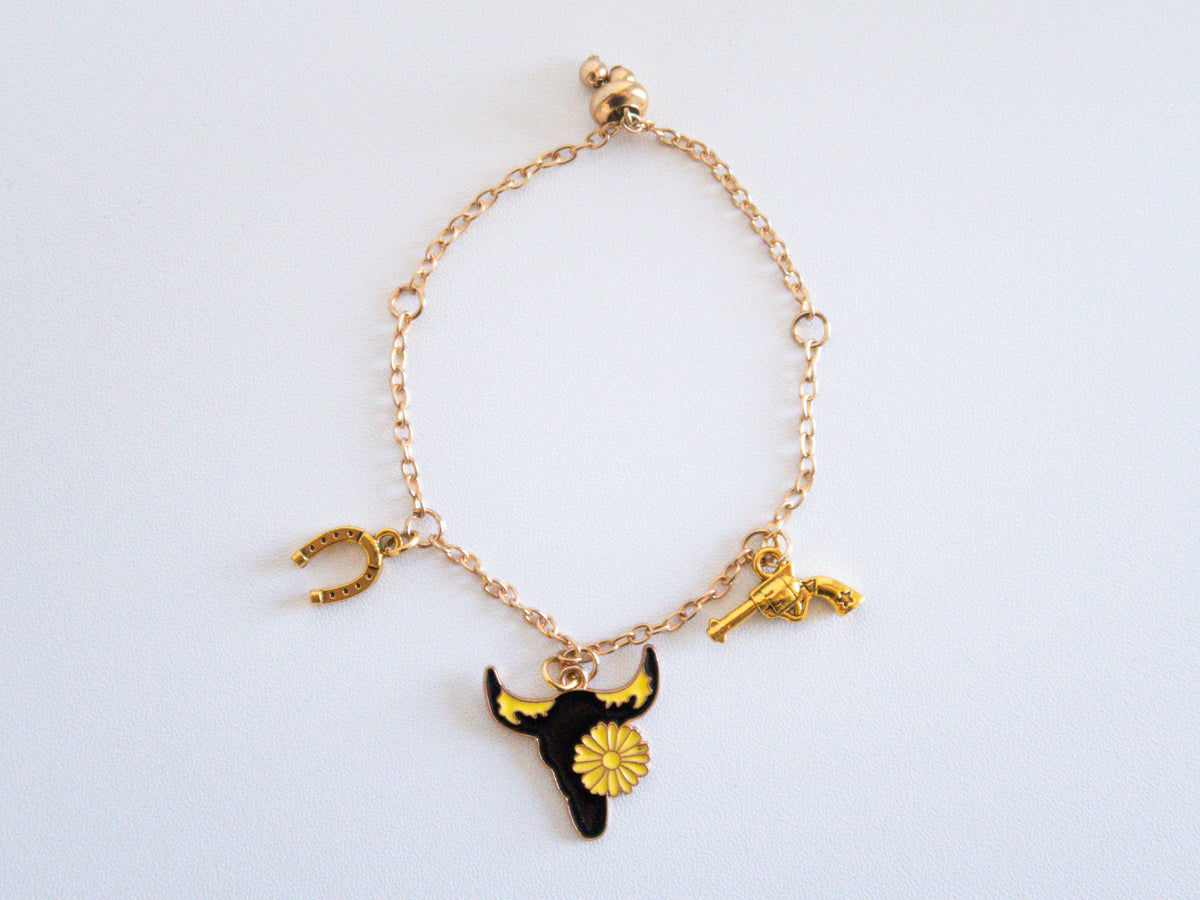 Gold Western Style Charm Bracelet with Bull, Gun & Lucky Horseshoe Charms Gift Ideas for Her - Bachelorette Swag