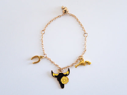 Gold Western Style Charm Bracelet with Bull, Gun & Lucky Horseshoe Charms Gift Ideas for Her - Bachelorette Swag