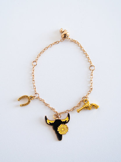 Gold Western Style Charm Bracelet with Bull, Gun & Lucky Horseshoe Charms Gift Ideas for Her - Bachelorette Swag