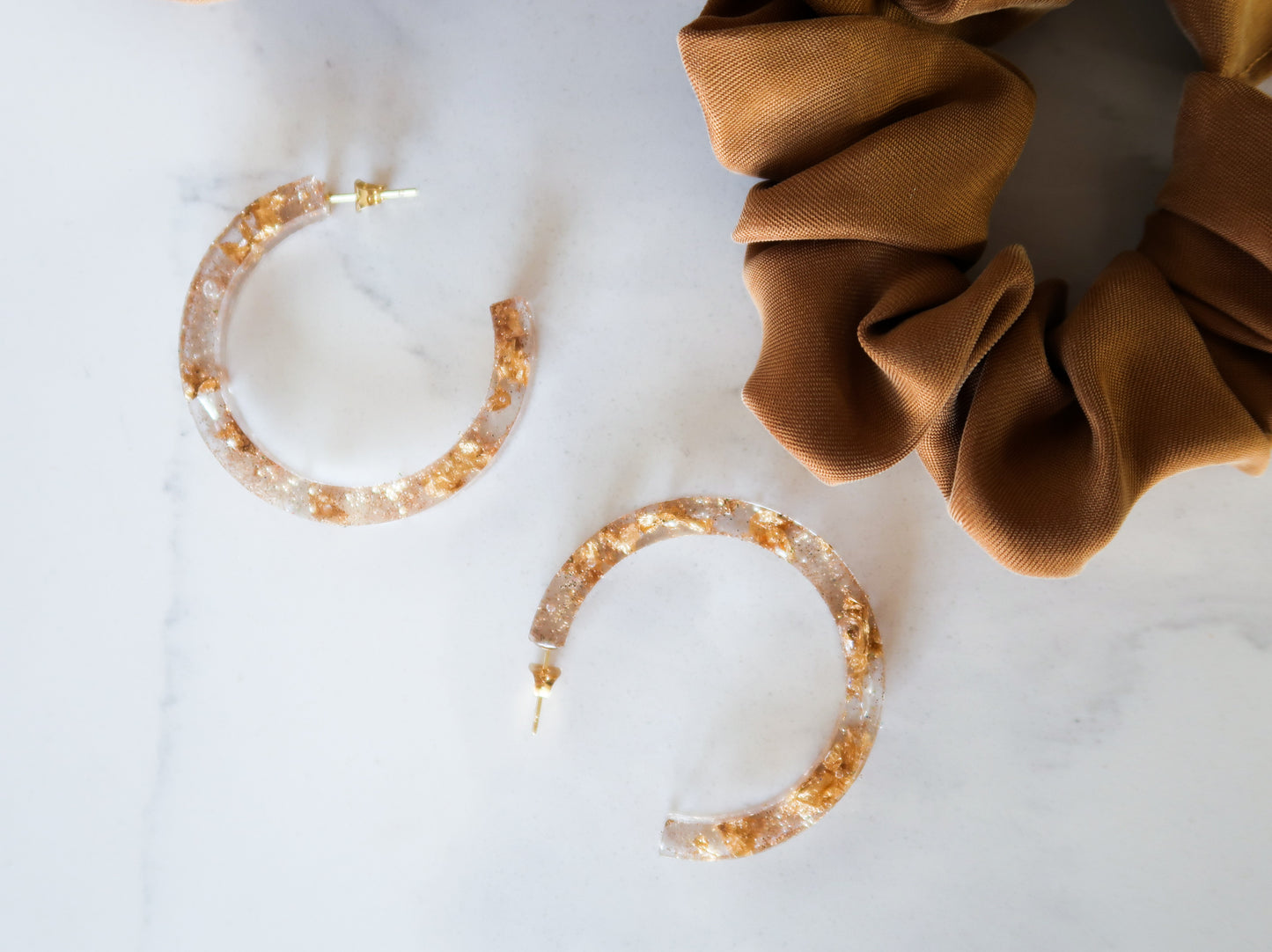 Big Sparkly Clear & Gold Leaf Hoops