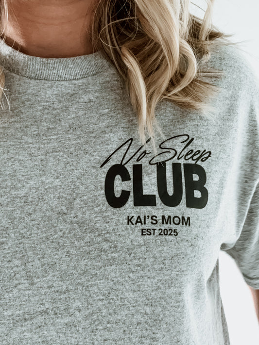 Gray t-shirt with 'No Sleep Club' text and 'Kai's Mom' on a white background