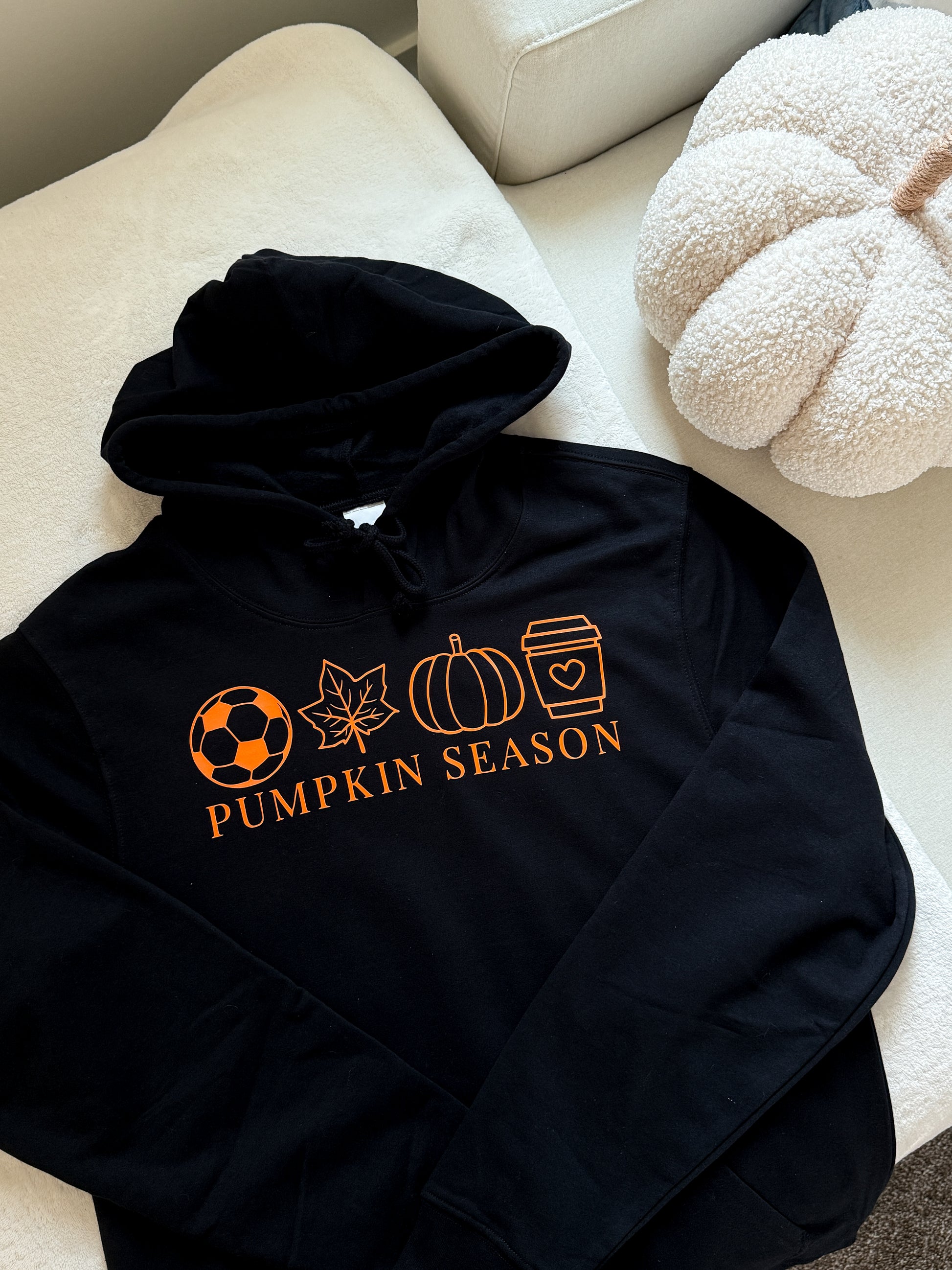 Orange and Black Hoodie with soccer ball, maple leaf, pumpkin & coffee outlines