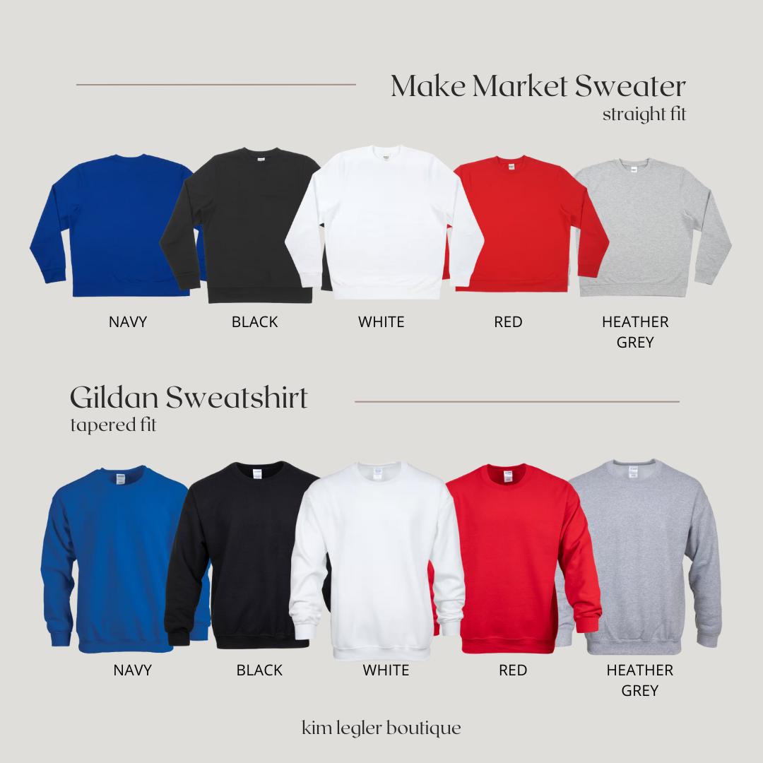 Collection of sweatshirts in various colors with labels for 'Make Market Sweater' and 'Gildan Sweatshirt' from kim legler boutique.