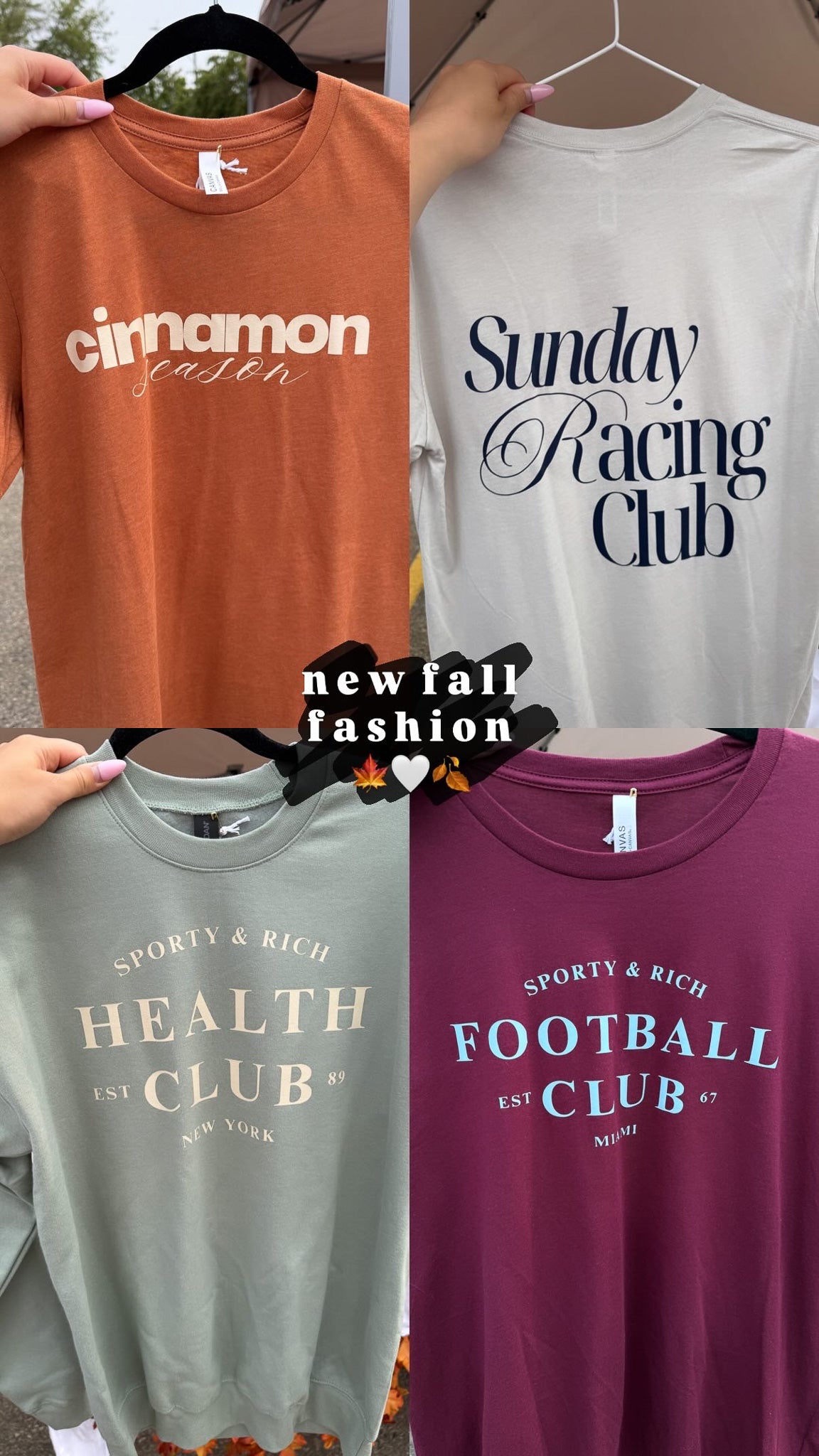Four t-shirts with different text designs held by hands on hangers.