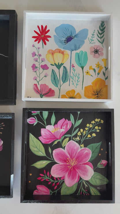 Hand Painted Wooden Floral Serving Tray, Original Botanical Flower Art Catchall