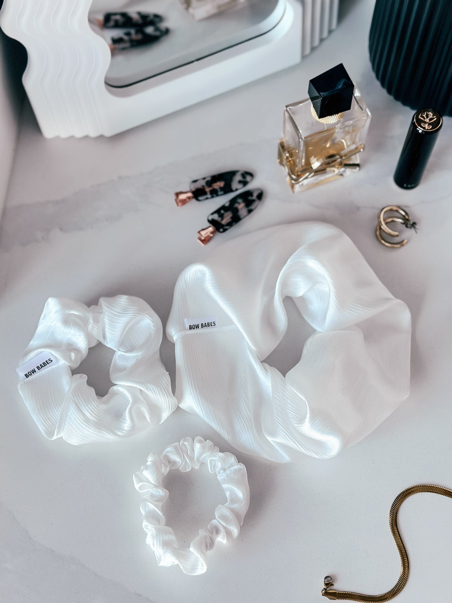 set of 3 giant white satin scrunchies for women
