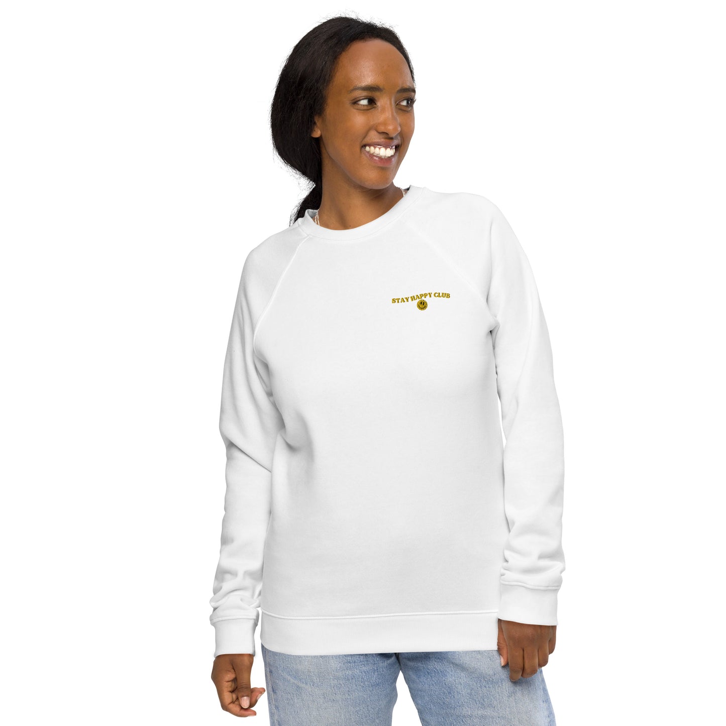 Stay Happy Club Unisex Organic Raglan Sweatshirt