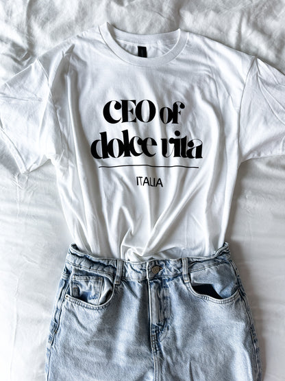 White t-shirt with 'CEO of dolce vita Italia' text on a white background