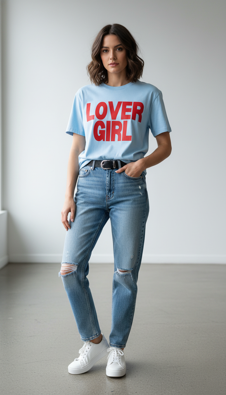 Woman wearing a blue t-shirt with 'LOVER GIRL' text, blue jeans, and white sneakers in a minimalistic setting.