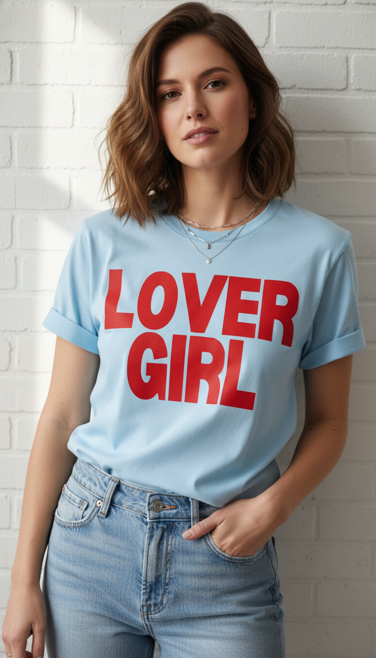 Woman wearing a light blue t-shirt with 'LOVER GIRL' in red text against a white brick wall.