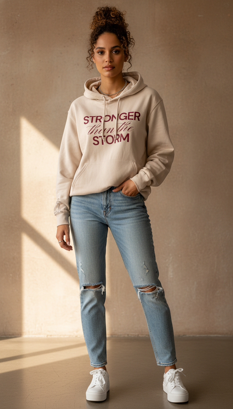 Woman wearing a hoodie with 'Stronger than the storm' text and ripped jeans against a neutral background