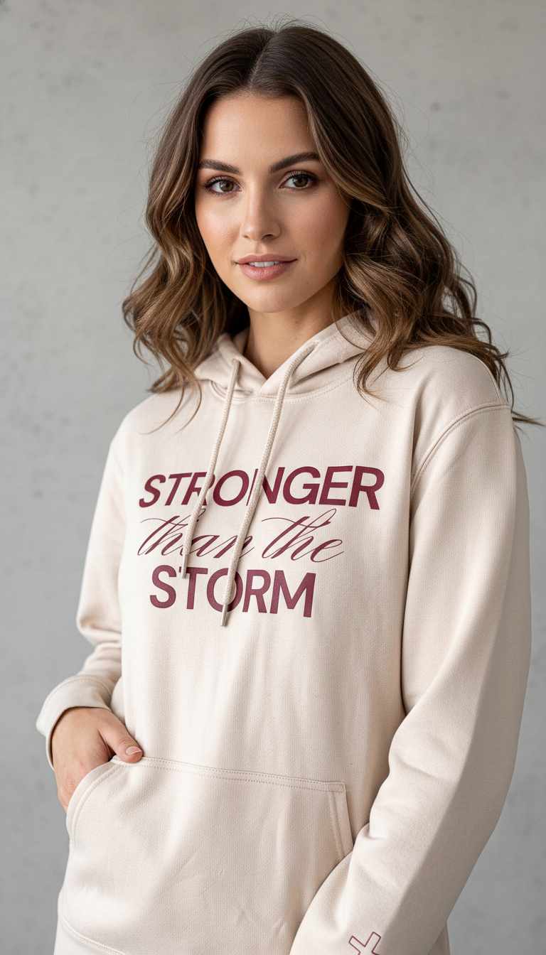 Woman wearing a beige hoodie with 'Stronger than the storm' text on a gray background